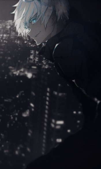 Satoru Gojo (Jujutsu Kaisen) anime phone wallpaper: pale white-haired figure with glowing blue eyes leaning above a dimly lit cityscape at night.