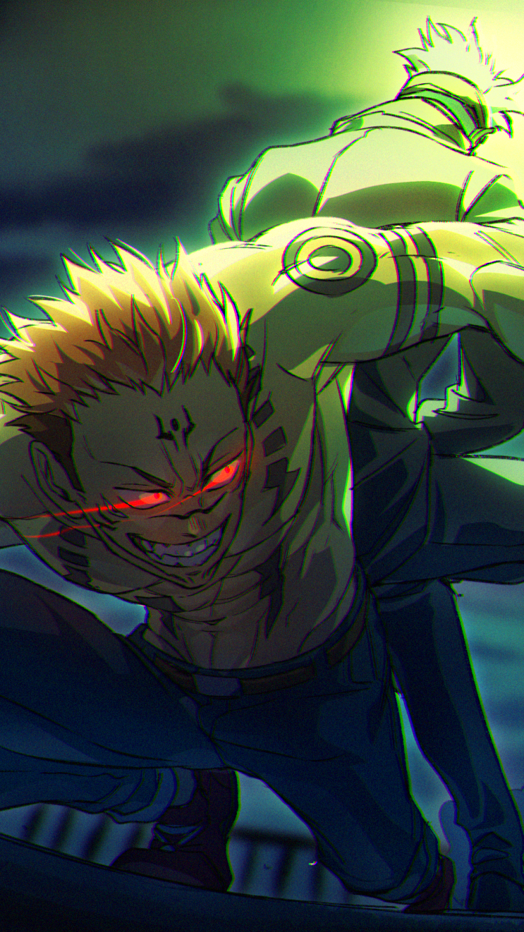Sukuna (Jujutsu Kaisen) snarling with glowing red eyes and cursed markings, crouched in green-lit anime city — dynamic phone wallpaper for iPhone and Android.
