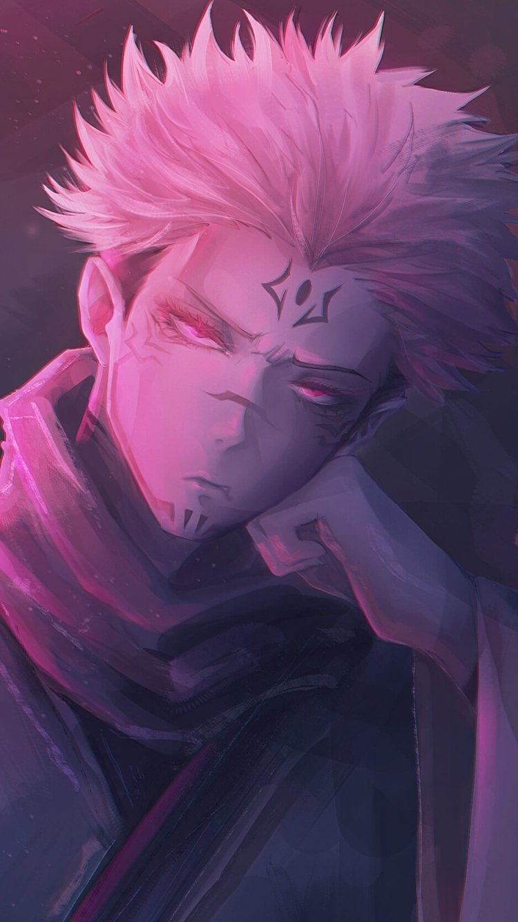 Phone wallpaper of Sukuna (Jujutsu Kaisen) — anime close-up portrait: pink-haired, cursed facial markings, brooding red eyes and purple-pink lighting, Jujutsu Kaisen aesthetic.