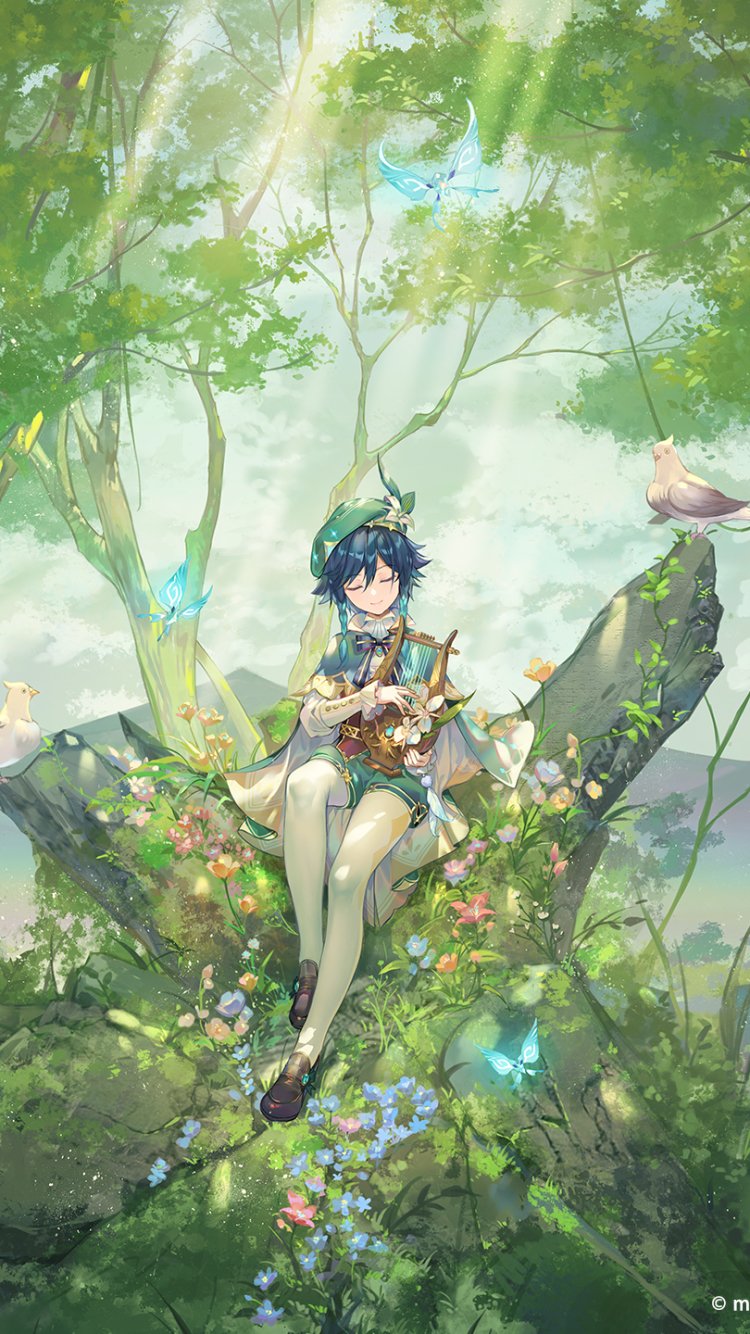 Phone wallpaper featuring Venti from Genshin Impact, sitting peacefully on a tree branch surrounded by birds and glowing butterflies in a serene forest setting.