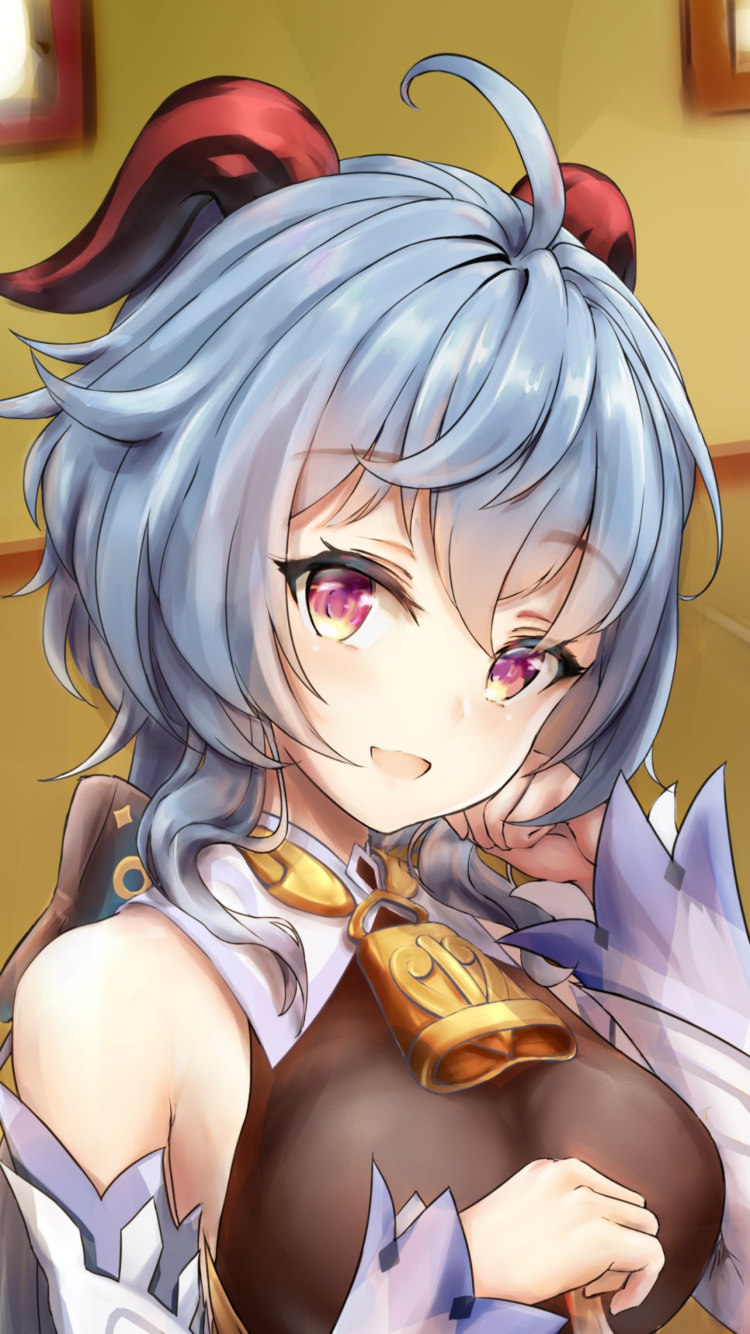 Phone wallpaper of Ganyu (Genshin Impact): close-up portrait with icy blue hair, lavender-pink eyes, signature red horns and a bell pendant, warm indoor background.