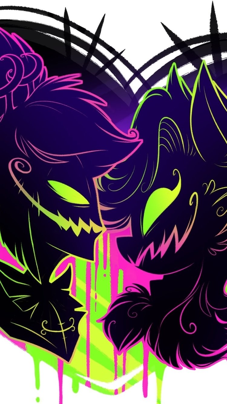 Phone wallpaper of Alastor from the TV show Hazbin Hotel: neon black, pink and green stylized demonic faces dripping paint inside a heart-shaped frame.