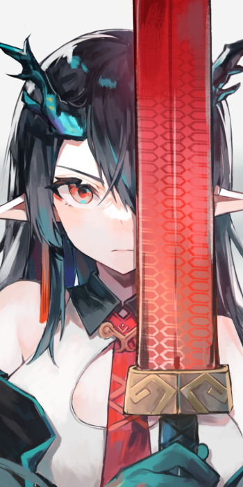 red eyes pointed ears horns black hair Dusk (Arknights) video game Arknights Phone Wallpaper