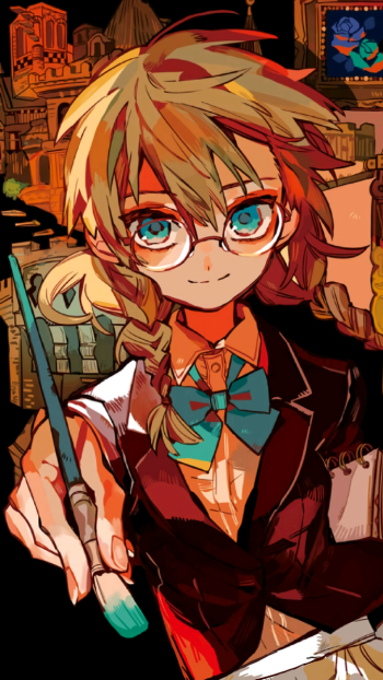 Phone wallpaper of Mei Shijima (Toilet-bound Hanako-kun): close-up anime portrait with glasses and teal bow, holding a paintbrush against a warm orange, cluttered backdrop.