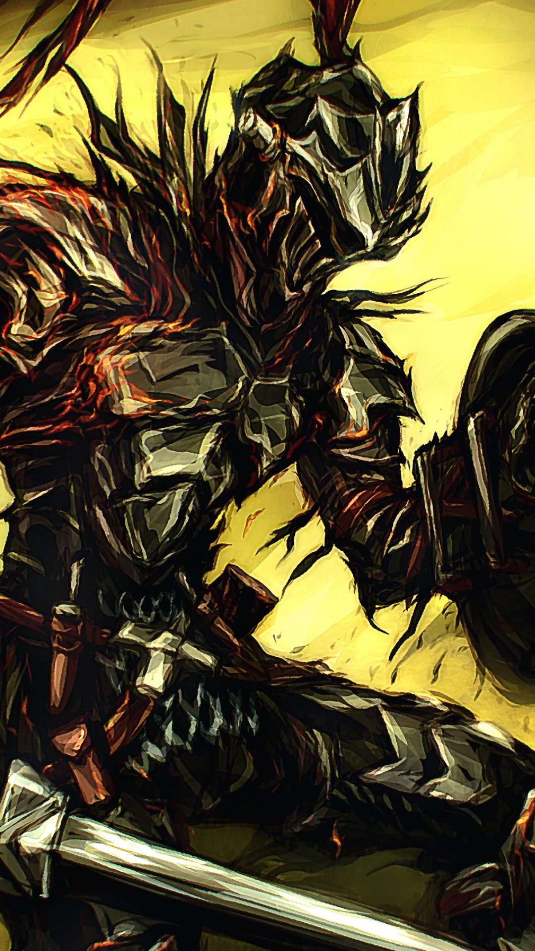 Dark Souls-inspired armored warrior holding a sword and shield, illustrated in bold strokes on a phone wallpaper designed for iPhone and Android screens.