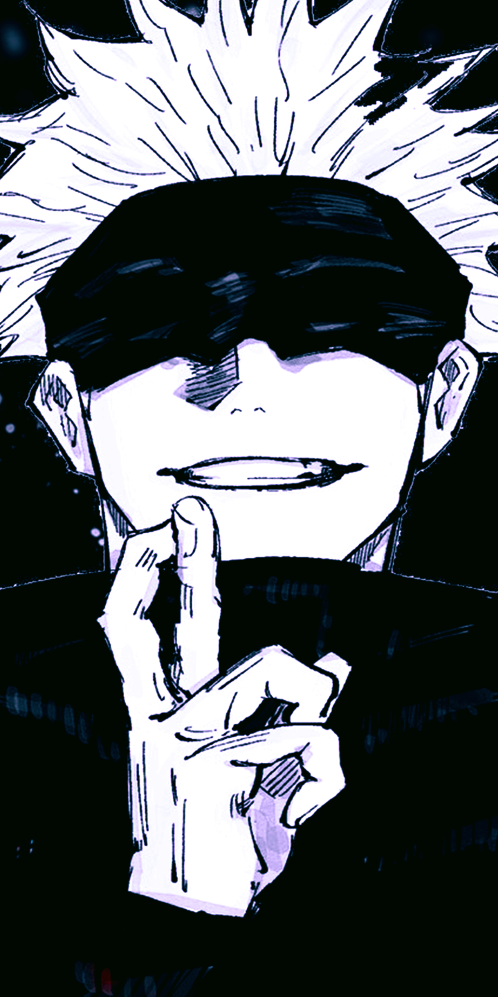 Phone wallpaper featuring Satoru Gojo from Jujutsu Kaisen with his signature blindfold and confident smile, designed for iPhone and Android displays.