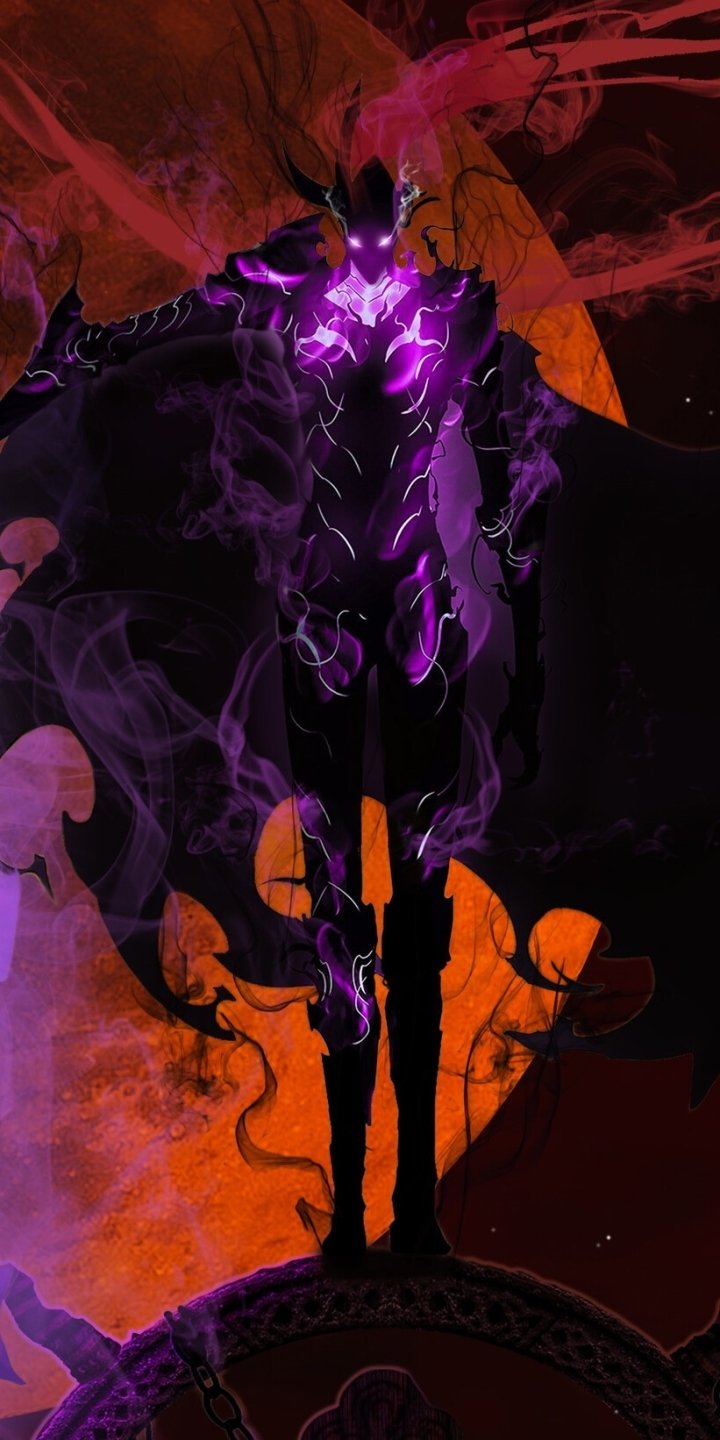Phone wallpaper (iPhone & Android) of Igris (Solo Leveling): towering shadowy armored figure with a glowing purple core and smoky aura before a blood-red moon — anime Solo Leveling artwork.