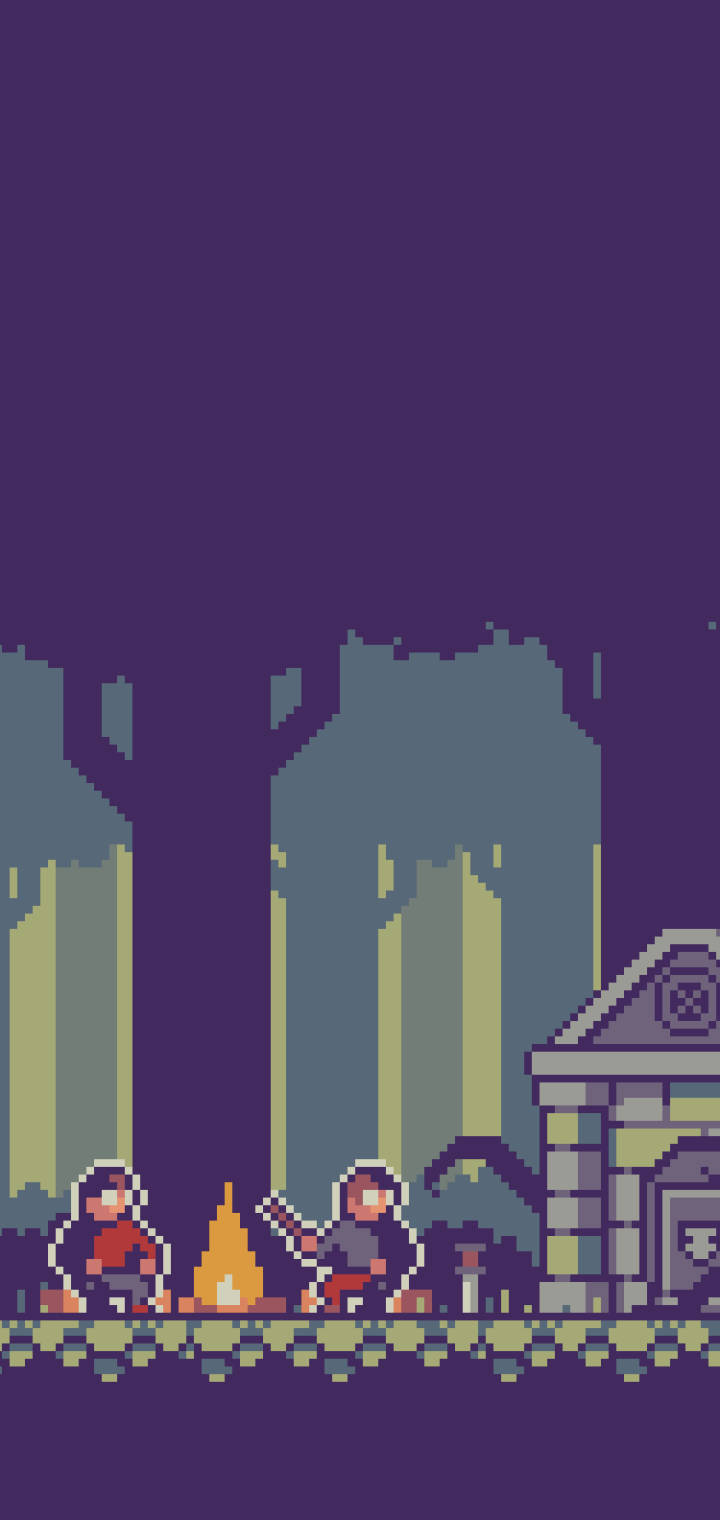 Pixel art phone wallpaper depicting two figures sitting by a campfire near a stone building in a forest, designed for both iPhone and Android screens.