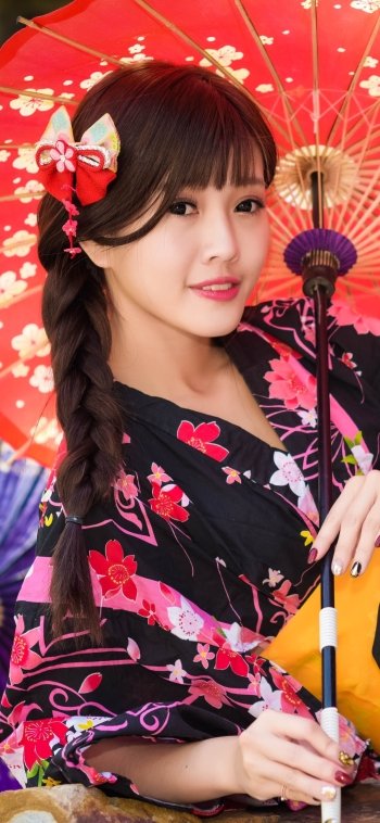 kimono braid brown eyes lipstick smile brunette model woman asian Phone Wallpaper