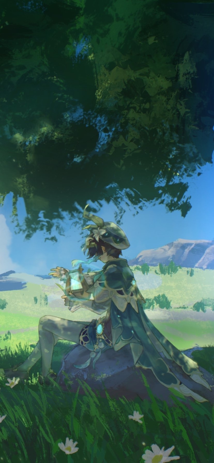 Phone wallpaper of Venti (Genshin Impact) from the video game, seated beneath a tree playing his lyre in a sunlit meadow dotted with flowers and distant hills.