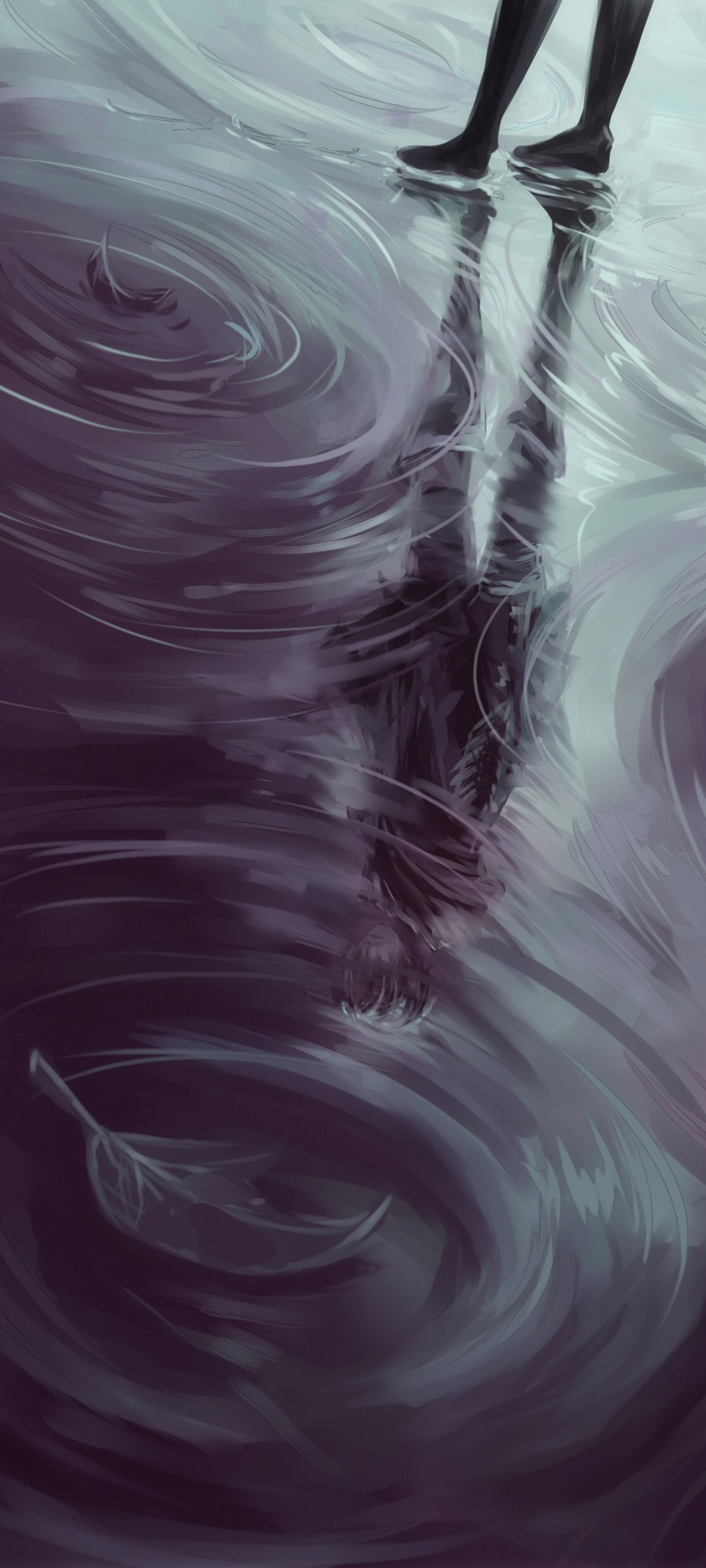 Phone wallpaper featuring Levi Ackerman from Attack on Titan, showing his reflection in swirling water with muted, atmospheric colors. Compatible with iPhone and Android screens.