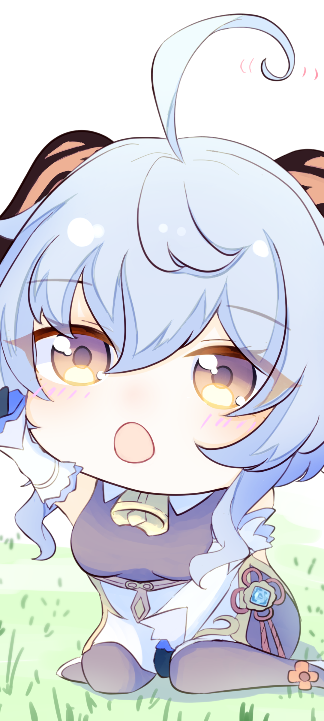 Chibi Ganyu (Genshin Impact) phone wallpaper: wide-eyed pastel blue–haired video game character with tiny horns and ahoge curl, sitting on grass in a cute surprised pose.