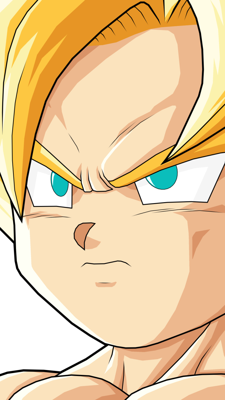 Close-up of Goku from Dragon Ball GT with intense blue eyes and golden hair, designed as a vibrant phone wallpaper for iPhones and Android devices.