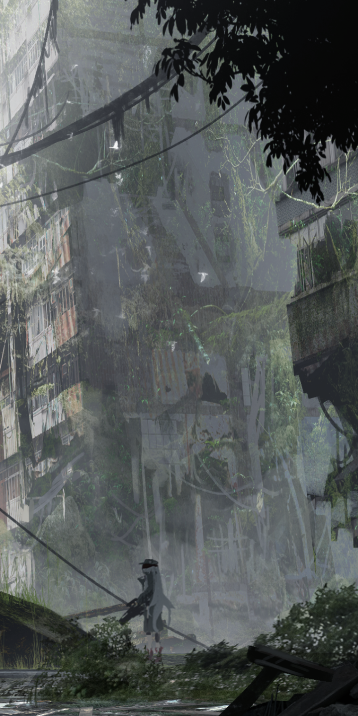 Phone wallpaper for the video game Girls Frontline: misty, vertical scene of overgrown, crumbling city towers with hanging vines and a lone armed figure in the foreground.