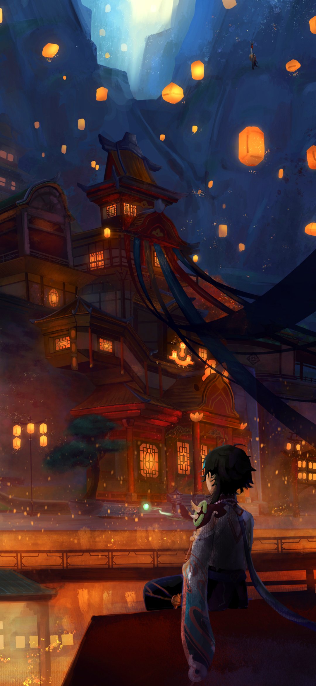 Phone wallpaper of Xiao from the video game Genshin Impact, seated on a rooftop watching lanterns drift over a glowing Liyue night.