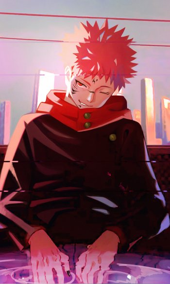 Phone wallpaper featuring Yuji Itadori from Jujutsu Kaisen with vibrant colors and dynamic lighting, designed for both iPhones and Android devices.