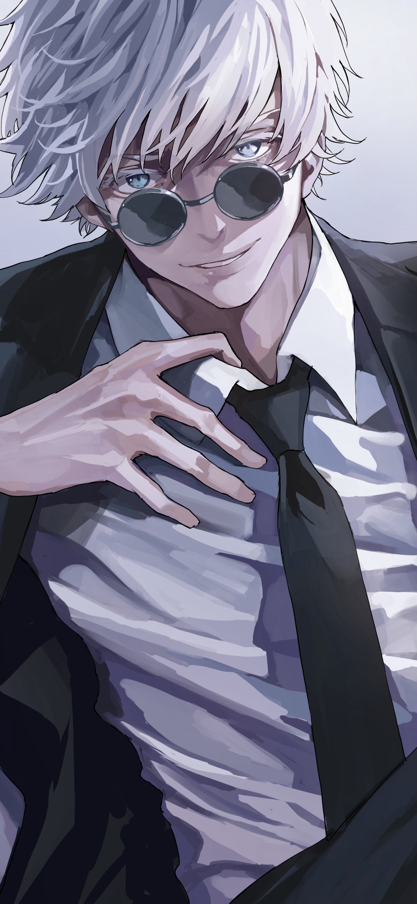 Phone wallpaper featuring Satoru Gojo from Jujutsu Kaisen with white hair, wearing sunglasses and a black suit, designed for iPhone and Android displays.