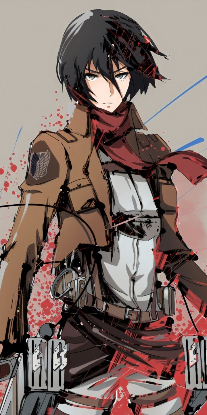 Phone wallpaper featuring Mikasa Ackerman from Attack on Titan in her Survey Corps uniform with dynamic red and blue accents, fitting for both iPhone and Android screens.