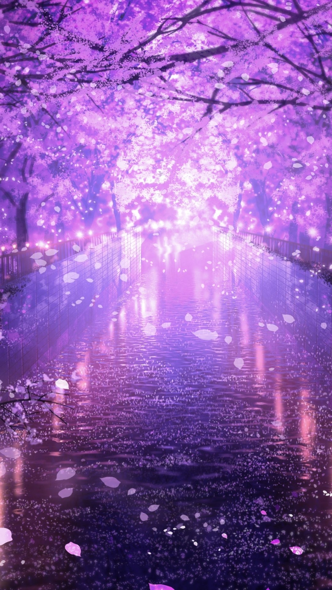 Anime-style phone wallpaper featuring a serene canal lined with blooming sakura trees, petals gently falling over the water, bathed in soft purple hues.