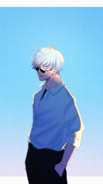Phone wallpaper featuring Satoru Gojo from Jujutsu Kaisen (anime): white hair and dark glasses, hands in pockets against a soft blue-to-pink gradient background.