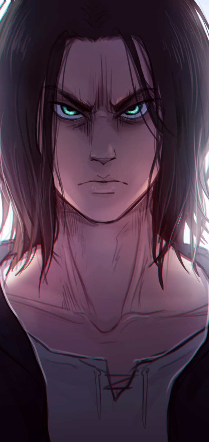 Phone wallpaper of Eren Yeager from Attack on Titan: anime close-up with long dark hair, piercing teal eyes, clenched jaw and brooding, intense expression.