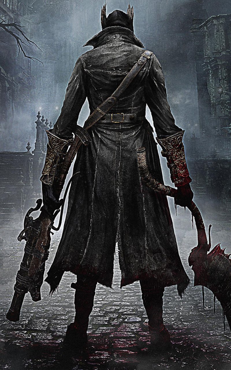 Back-facing Bloodborne hunter in tattered coat, wielding saw cleaver and blunderbuss amid foggy gothic streets — moody phone wallpaper for iPhone and Android.