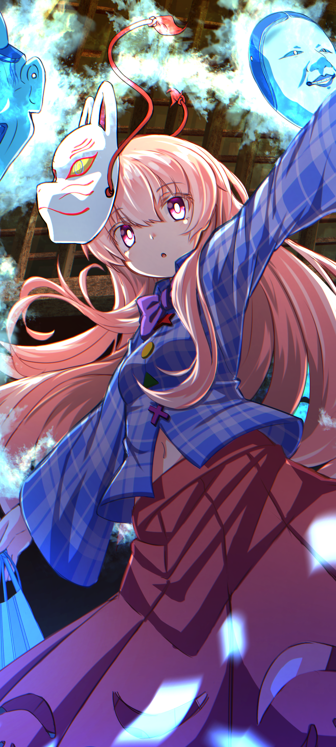 Hata no Kokoro (Touhou, anime) phone wallpaper: pink‑haired girl in a blue plaid outfit reaching out, fox mask beside her and glowing spirit masks swirling behind her.