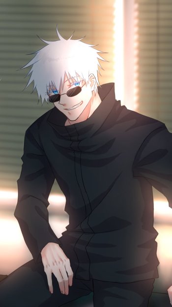 Phone wallpaper of Satoru Gojo (Jujutsu Kaisen): white hair, vivid blue eyes visible behind dark glasses, wearing a dark school uniform, smirking in warm backlit light.