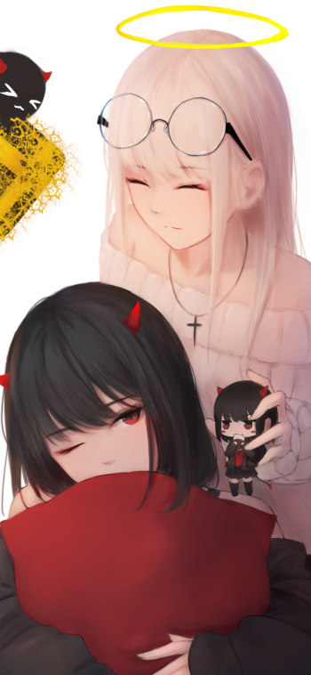 Anime-style phone wallpaper featuring a gentle pink-haired girl with a halo and glasses embracing a black-haired girl with red horns, holding a small devil figurine.