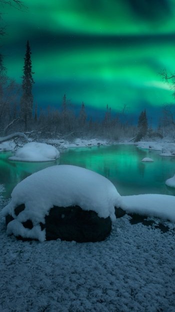 night nature Russia river snow winter aurora borealis winter night Phone Wallpaper