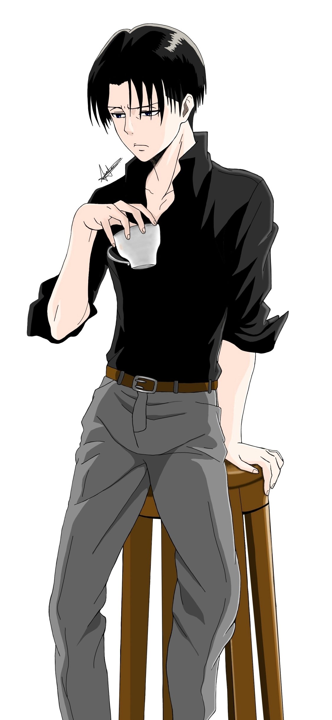 Phone wallpaper of Levi Ackerman (Attack on Titan) — anime art of him in a black shirt and gray pants, holding a cup and casually leaning on a wooden stool.