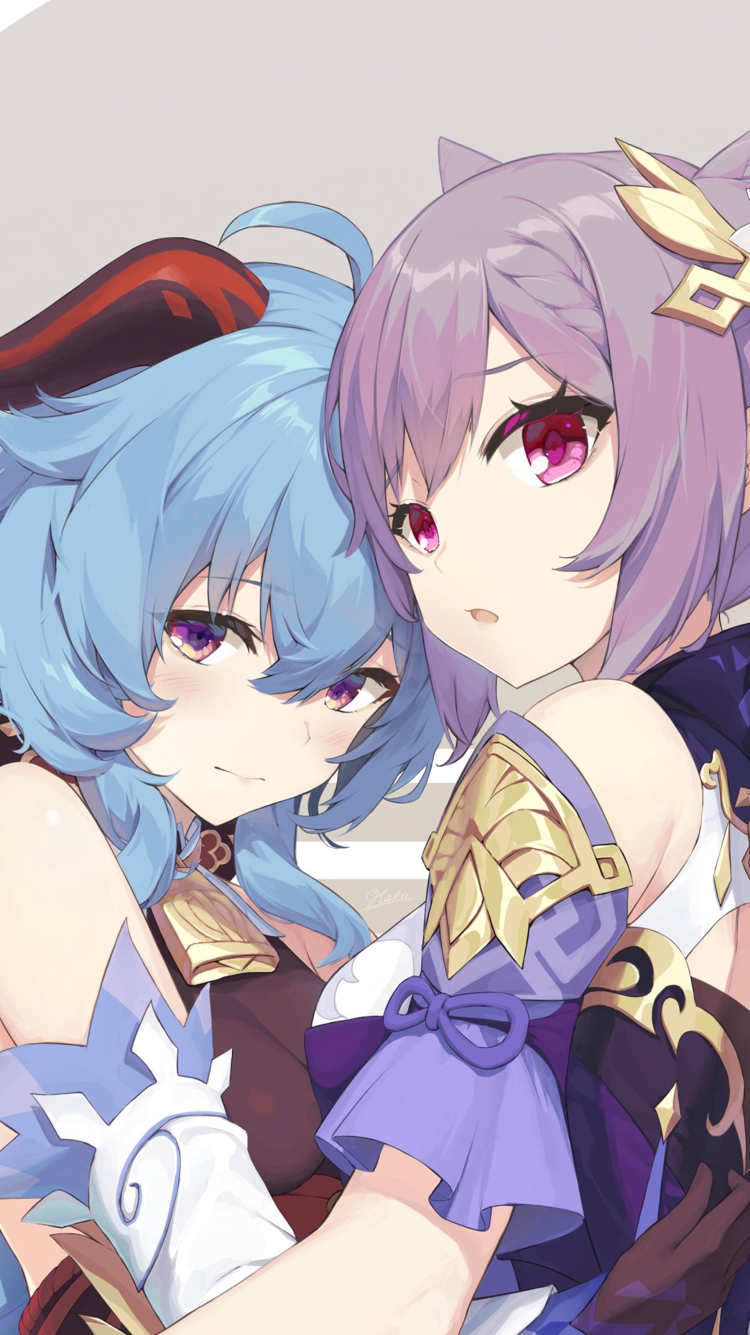 Download Hug Purple Hair Pink Eyes Purple Eyes Blue Hair Keqing (Genshin Impact) Ganyu (Genshin Impact) Video Game Genshin Impact Phone Wallpaper