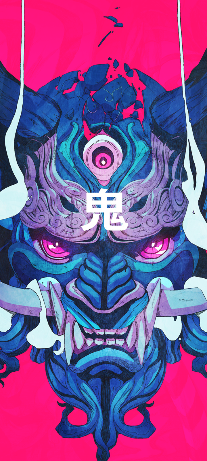Vibrant Japanese oni mask illustration in blue and purple with glowing pink eyes and bold magenta background; stylized artistic phone wallpaper with white kanji 鬼 at center.