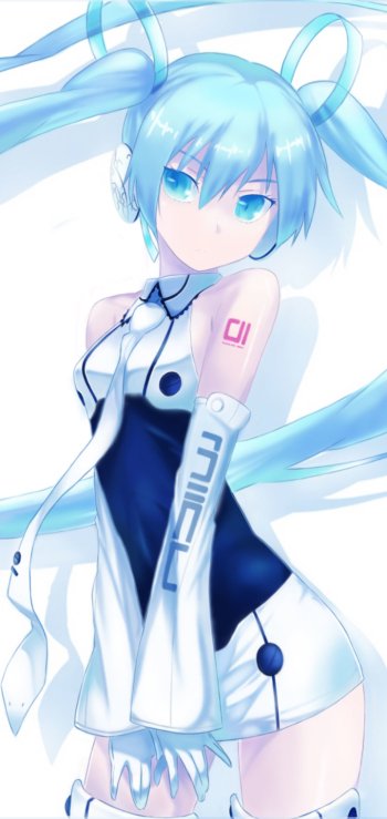 Phone wallpaper featuring Hatsune Miku, the iconic blue-haired Vocaloid anime character, with flowing twin tails and futuristic outfit. Compatible with iPhones and Android phones.