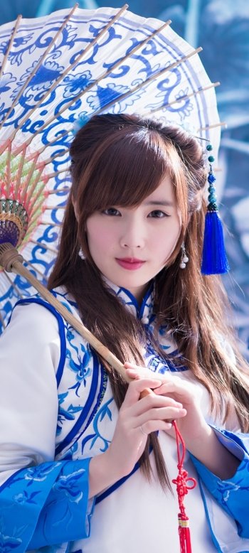 umbrella traditional costume Taiwanese asian model woman Yu Chen Zheng Phone Wallpaper
