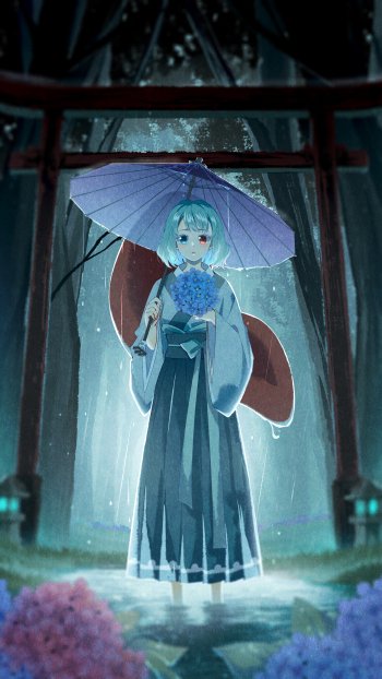 Phone wallpaper of Touhou anime character Kogasa Tatara — blue-haired umbrella youkai standing on a misty shrine path, lanterns and hydrangeas glowing.