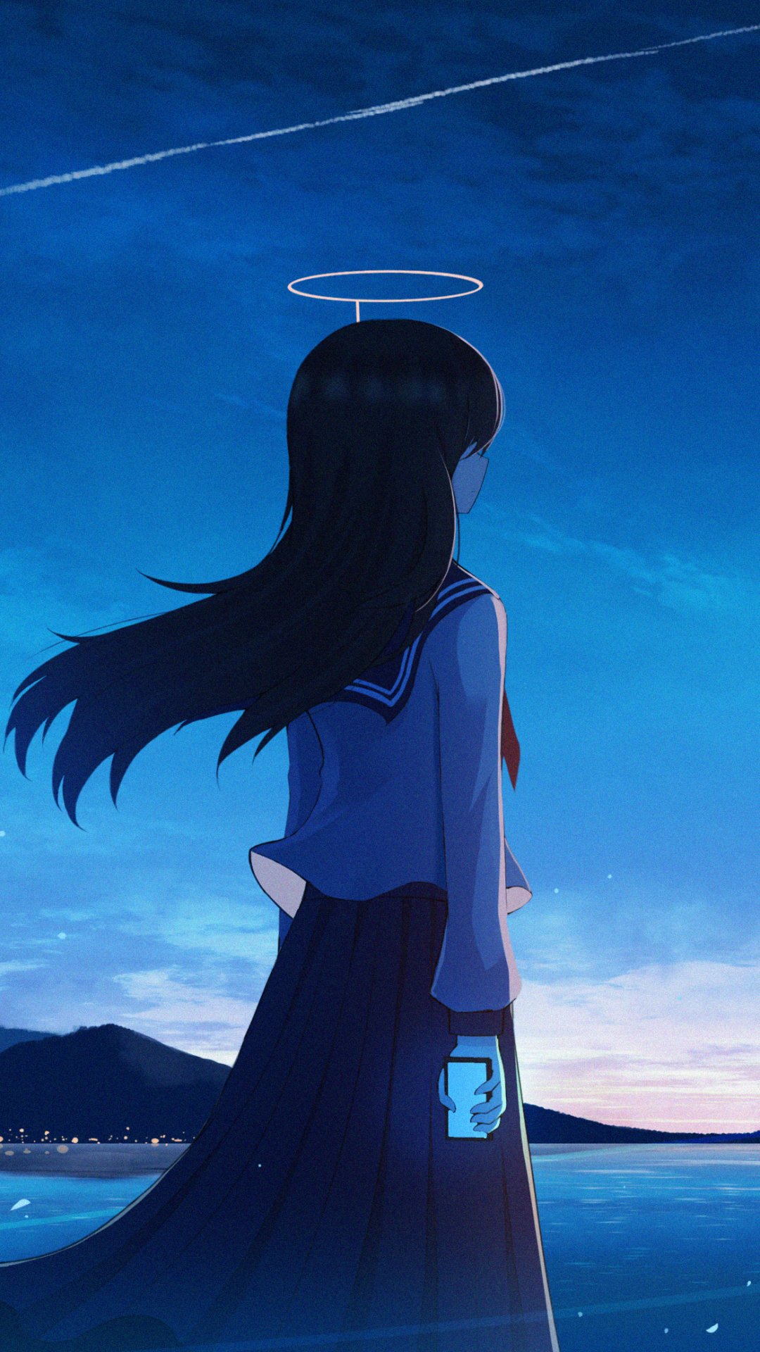 Phone wallpaper of an anime girl with long black hair in a school uniform, standing by the twilight sea with a faint halo above her head.