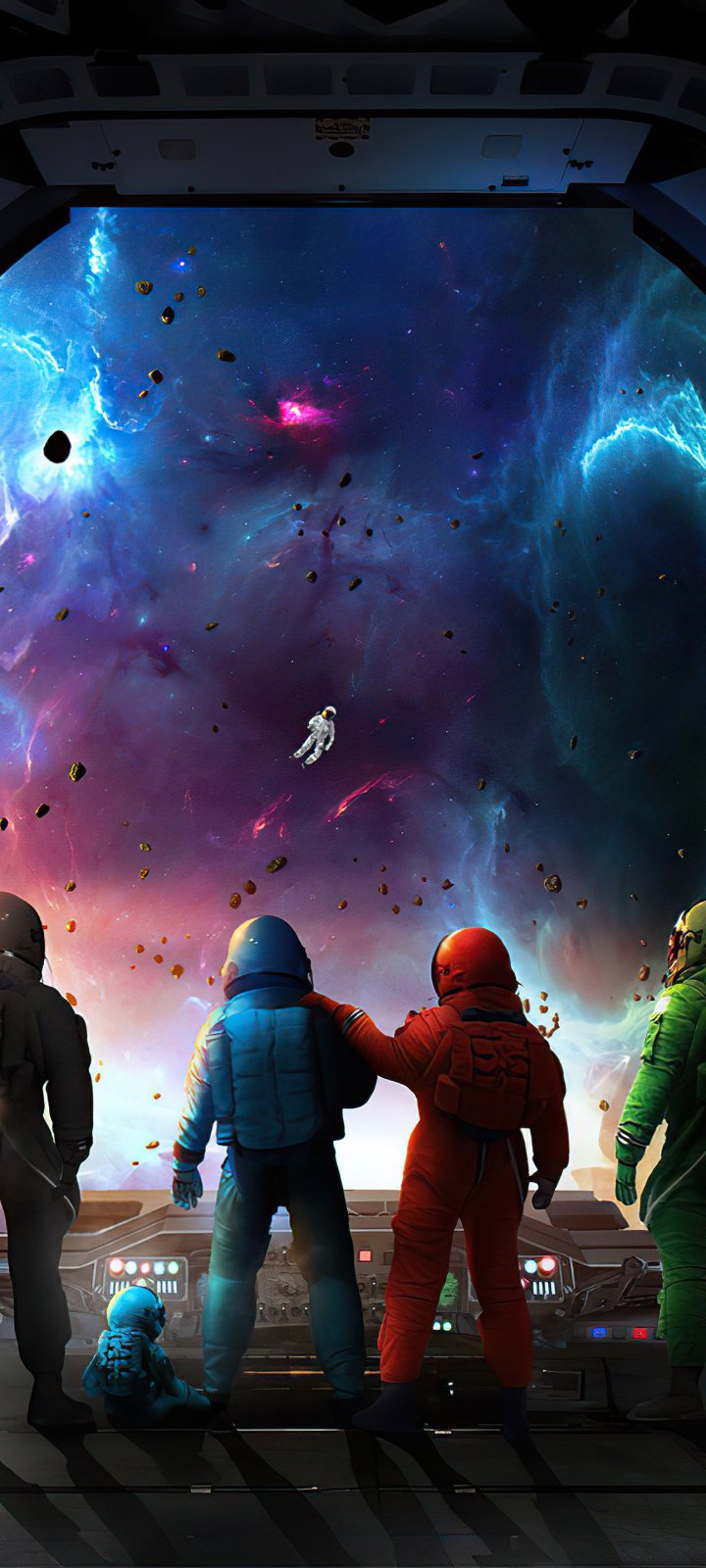 Phone wallpaper featuring colorful Among Us astronauts inside a spaceship, looking out at a vibrant cosmic scene, compatible with iPhones and Android devices.