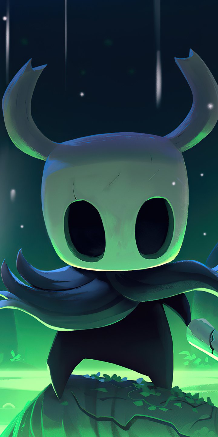 Hollow Knight character in green glow, cape flowing, standing on a mossy ledge beneath falling lights — video game phone wallpaper compatible with iPhones and Android phones.
