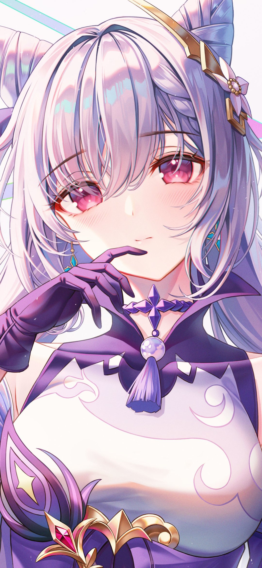 Phone wallpaper featuring Keqing from the video game Genshin Impact with detailed anime-style art and vibrant colors, designed for both iPhone and Android screens.