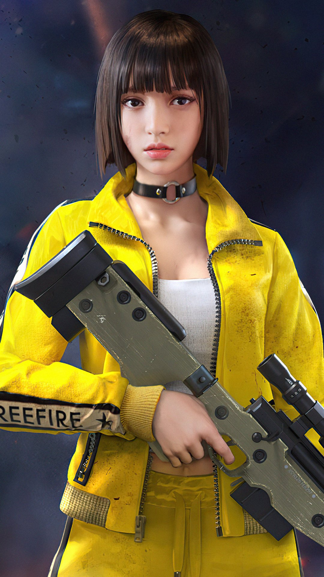 Phone wallpaper of a Garena Free Fire video game character: young woman in a yellow jacket and choker holding a sniper rifle, close-up game portrait.