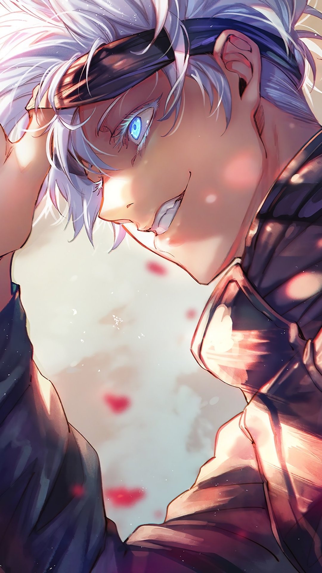 Vertical phone wallpaper of Satoru Gojo (Jujutsu Kaisen): anime close-up with white hair, piercing blue eyes and a sly grin, framed for iPhone and Android screens.