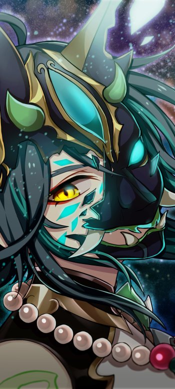 Phone wallpaper of Xiao from the video game Genshin Impact, close-up of his masked face with glowing teal-gold helmet accents, yellow eye, beads, and a starry backdrop.