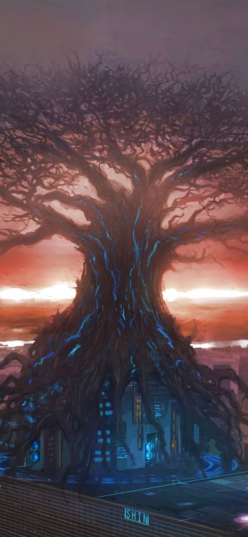 cyberpunk building tree Sci Fi city sci fi city Phone Wallpaper