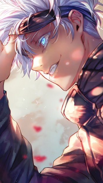 Vertical phone wallpaper of Satoru Gojo (Jujutsu Kaisen): anime close-up with white hair, piercing blue eyes and a sly grin, framed for iPhone and Android screens.