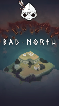 Bad North game wallpaper featuring a Viking helmet over a stylized island with approaching ships, ideal for phone backgrounds.
