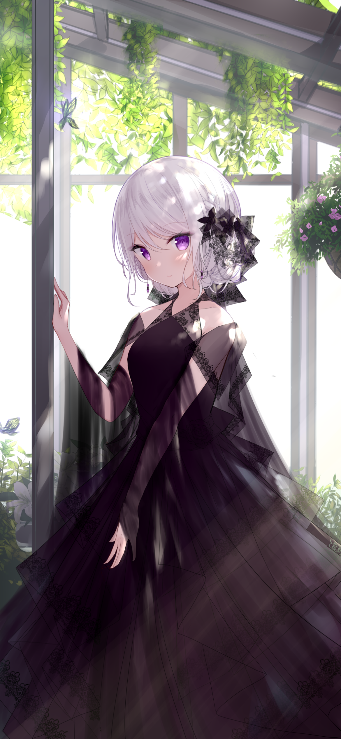 Anime girl with short white hair, purple eyes, and a flowing black dress stands in a sunlit greenhouse, surrounded by greenery and hanging plants, designed as a phone wallpaper.