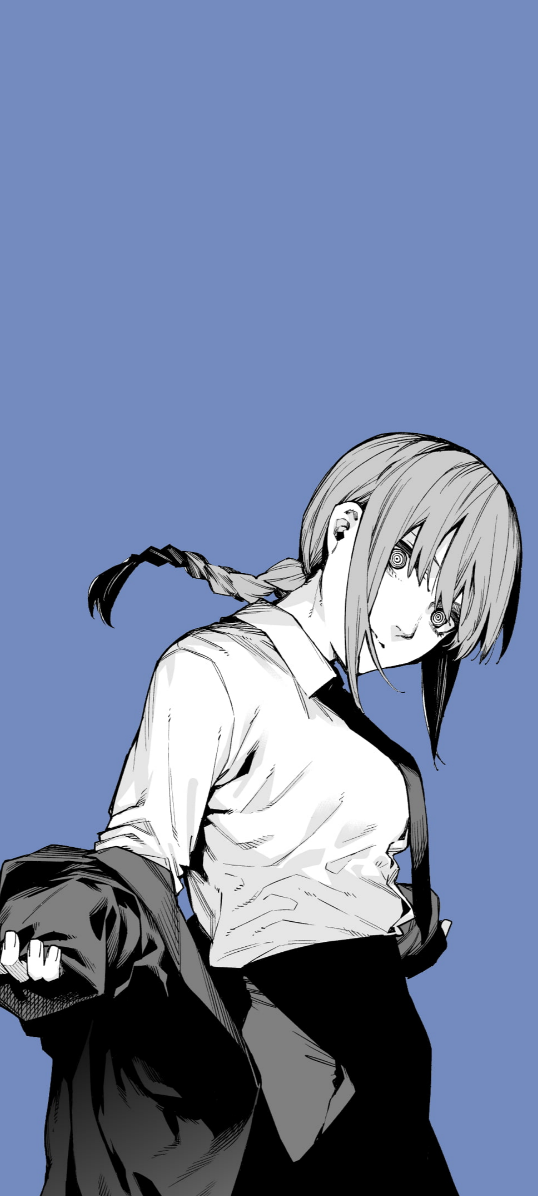Phone wallpaper of Makima (Chainsaw Man) from the anime: monochrome portrait on muted blue background, braided hair, white shirt and tie, holding a jacket with a calm, enigmatic look.