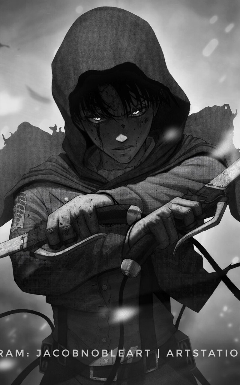 Phone wallpaper featuring Levi Ackerman from Attack on Titan in a dark, intense anime style, designed for iPhone and Android screens.