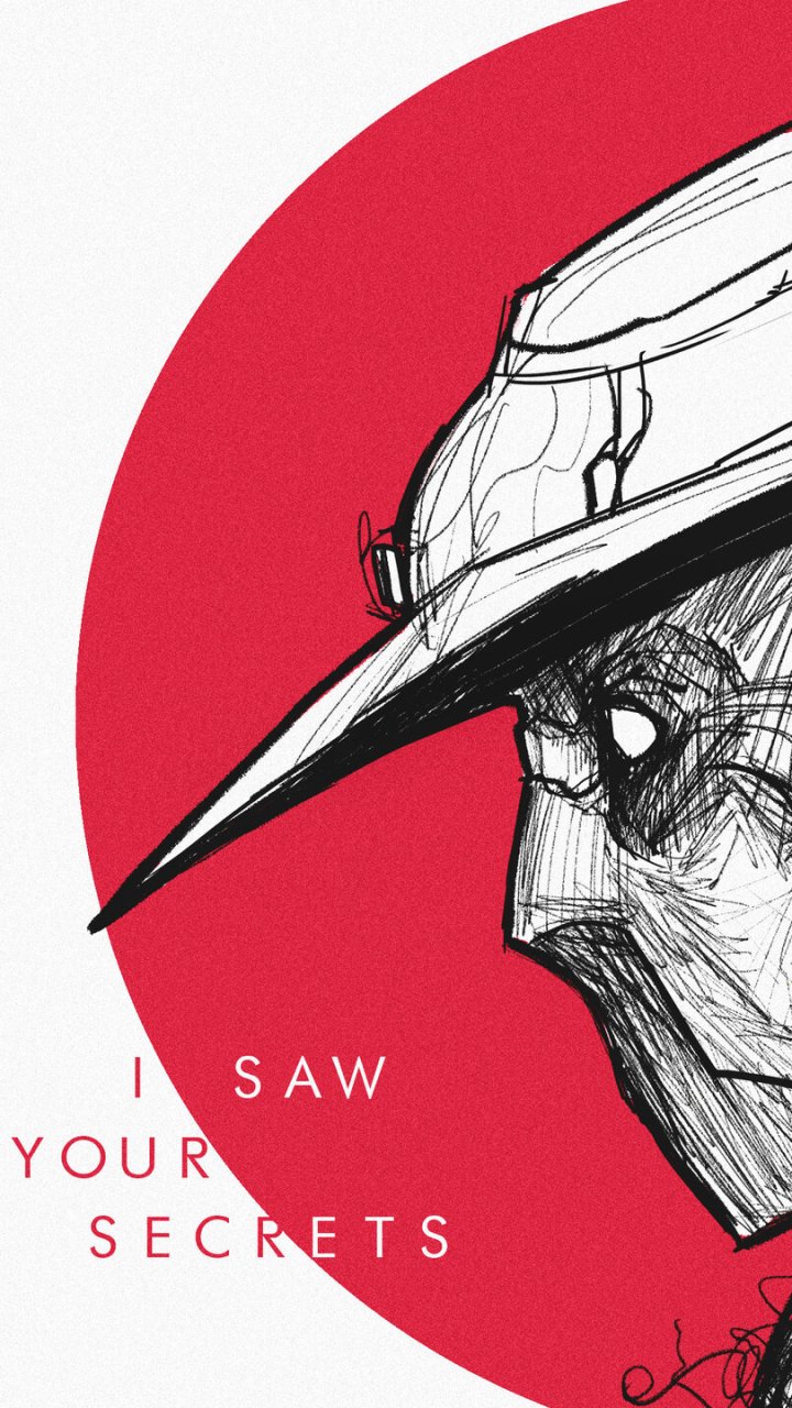 Phone wallpaper of Valorant video game agent Cypher: sketchy black-and-white profile with brimmed hat and masked eye against a red circle, caption I SAW YOUR SECRETS.